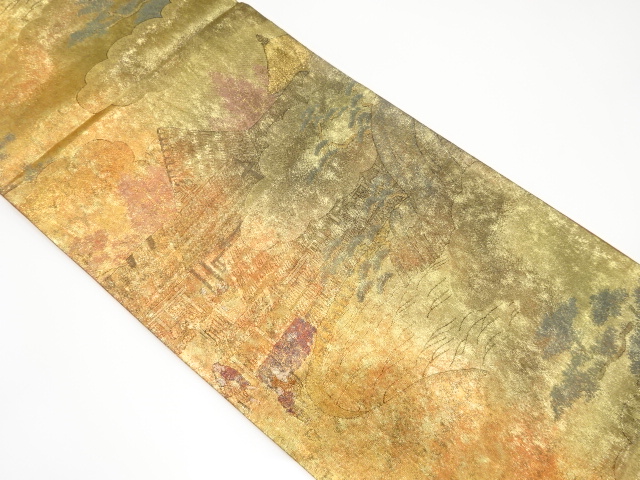 時代人物に家屋風景模様織り出し袋帯